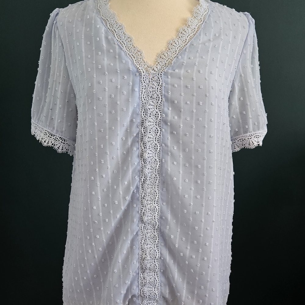 Light Blue Swiss Dot Lace Trim Blouse
